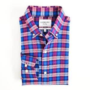 NEW Ledbury Linen Cotton Button Down Shirt Tailored Fit Mens 16 Blue Purple